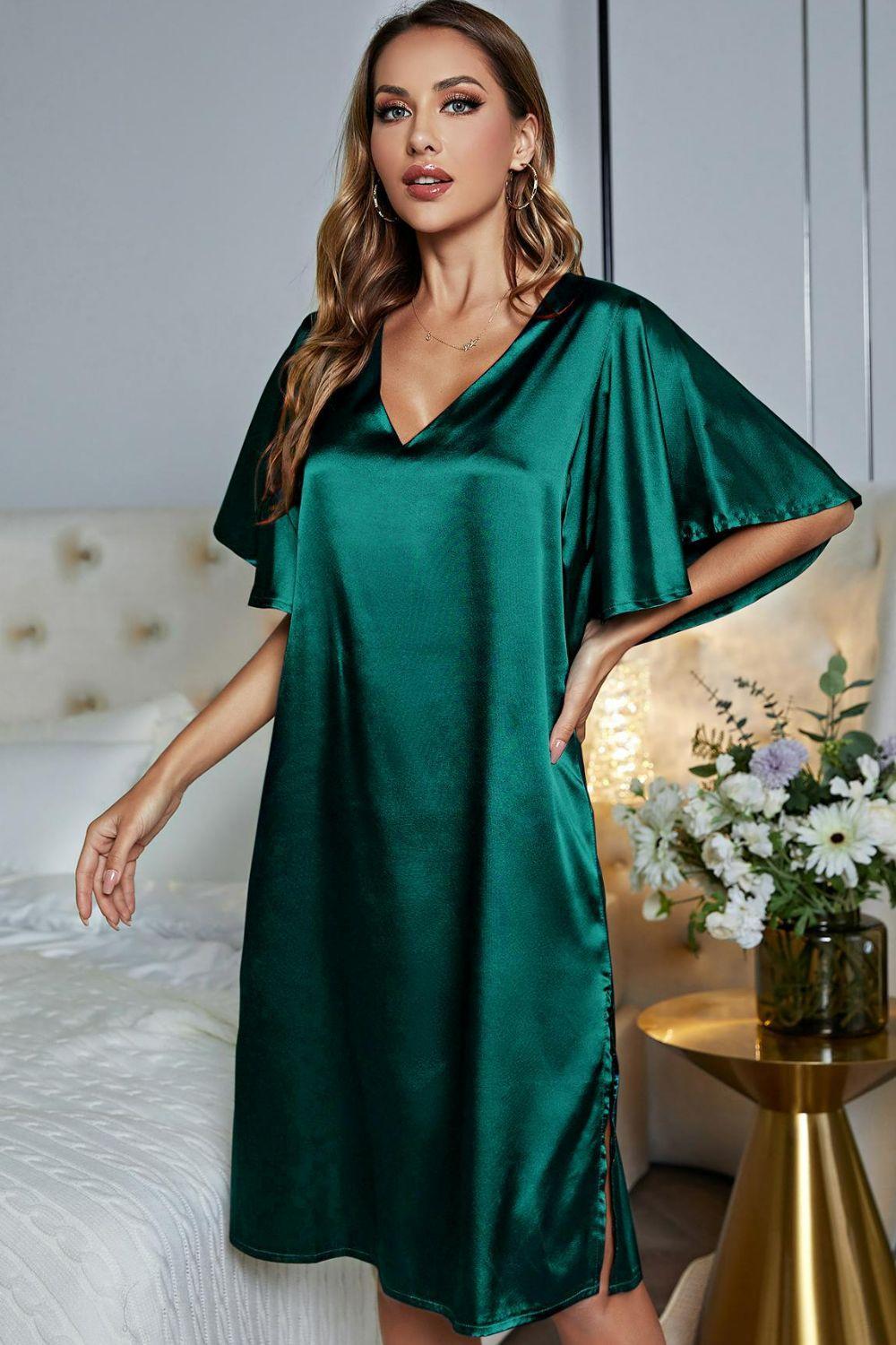 Satin Flutter Sleeve Side Slit V-Neck Night Dress Teal Easy Apparels