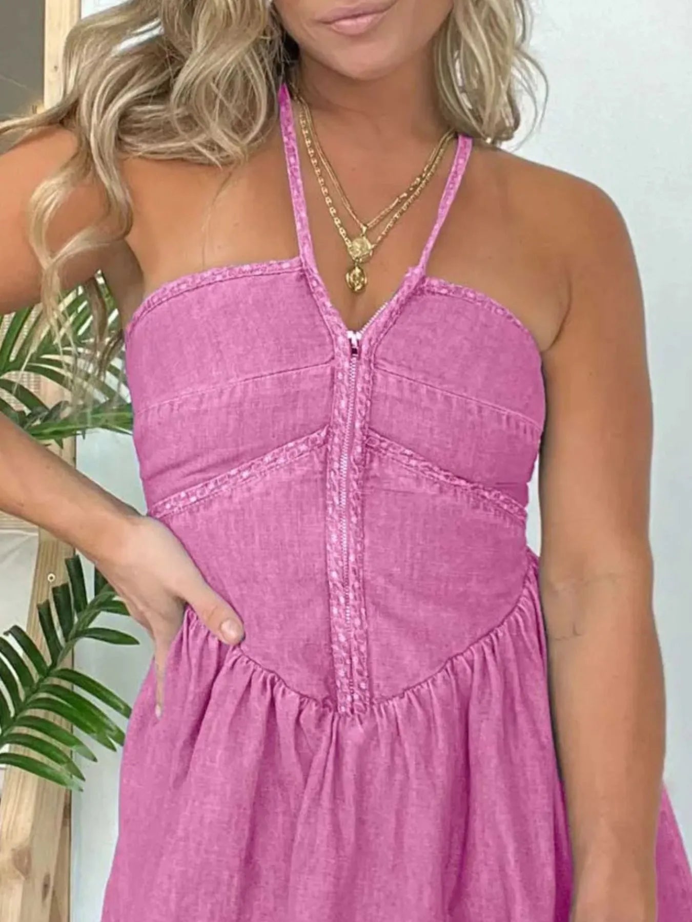 Full Size Lace Up Halter Neck Denim Dress Plus Size Easy Apparels