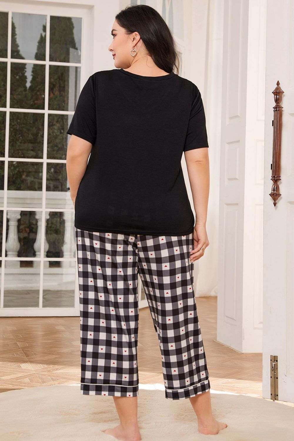 V-Neck Tee and Plaid Cropped Pants Lounge Set Easy Apparels