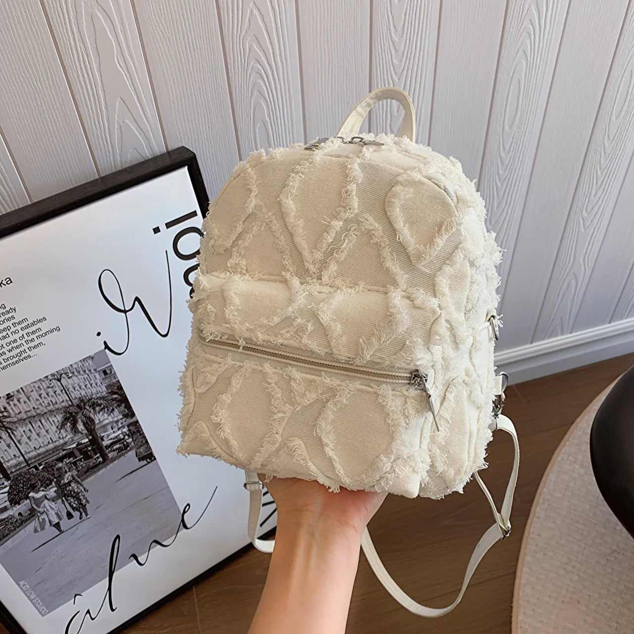 Fringe Edge Mini Backpack Bag Beige onesize Easy Apparels