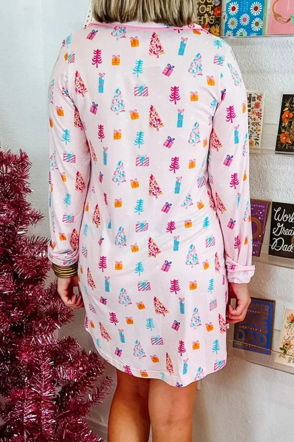 Printed Collared Neck Long Sleeve Lounge Dress Easy Apparels