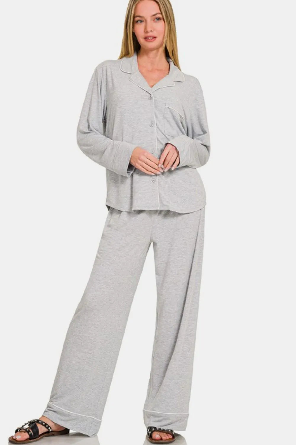 Zenana Button Down Long Sleeve Top and Pants Lounge Set Light Gray Easy Apparels