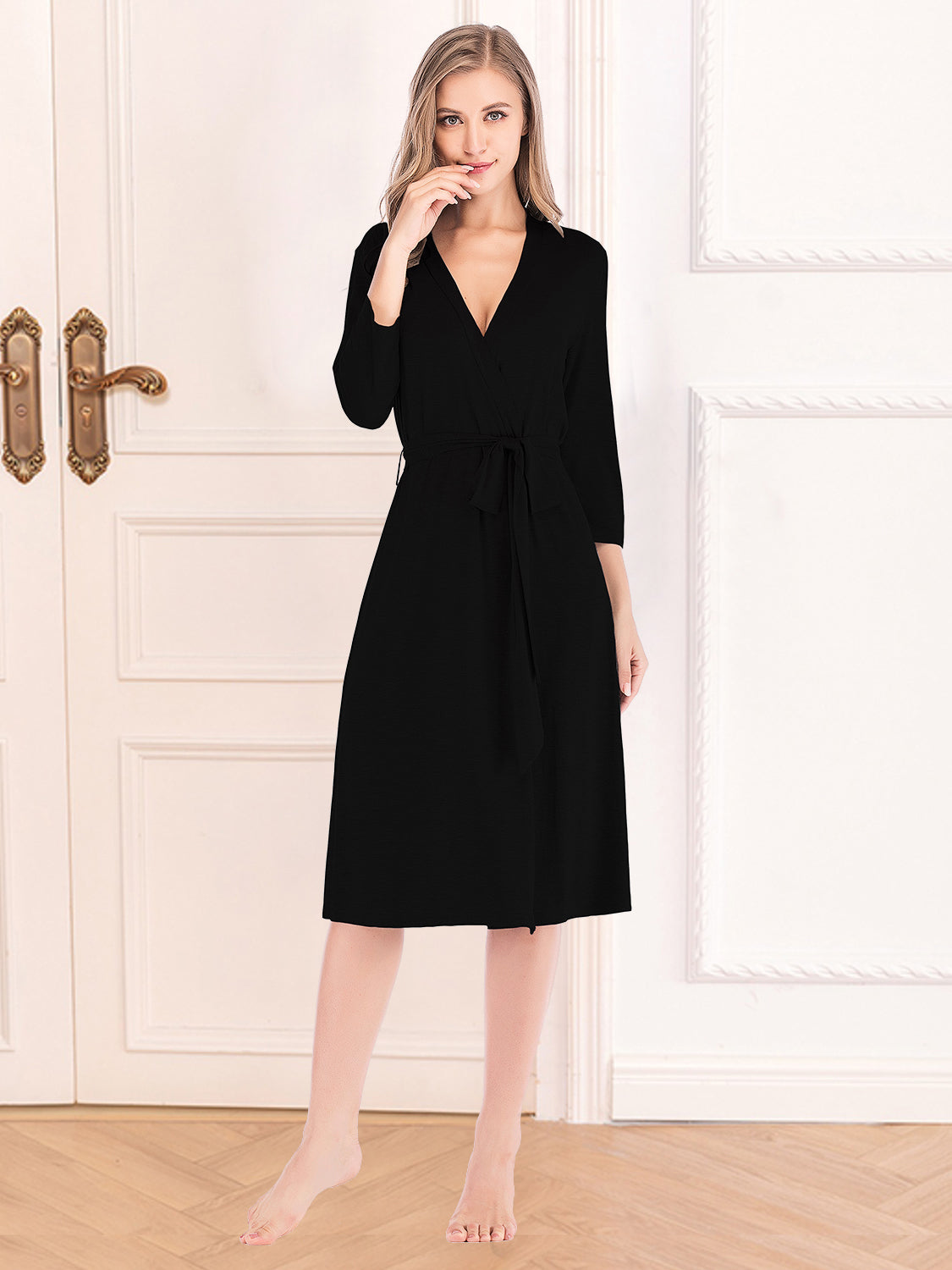 Plunge Tie Front Night Dress Black Easy Apparels