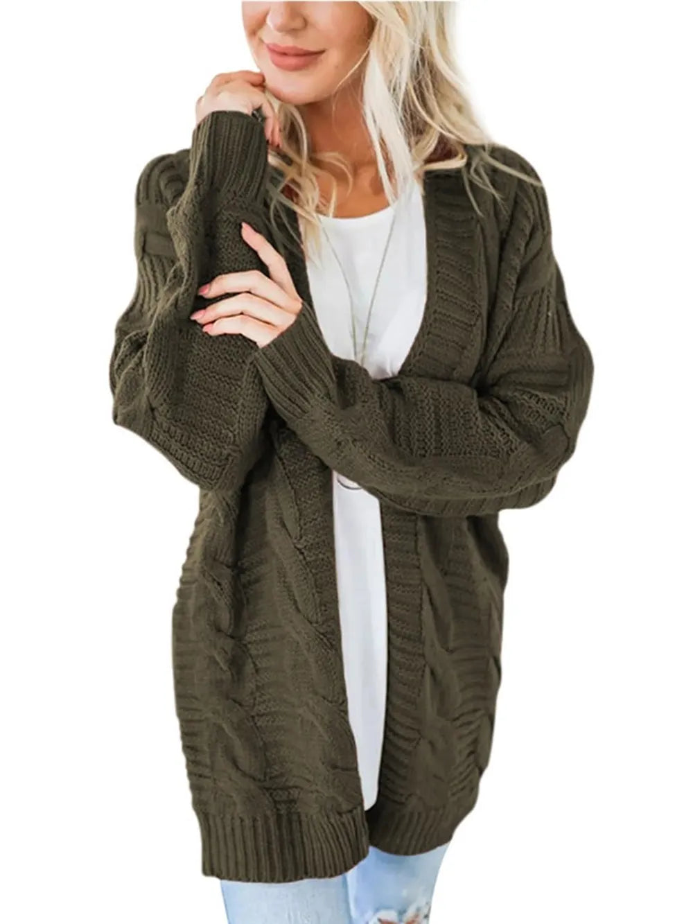 Cable-Knit Open Front Long Sleeve Cardigan Easy Apparels