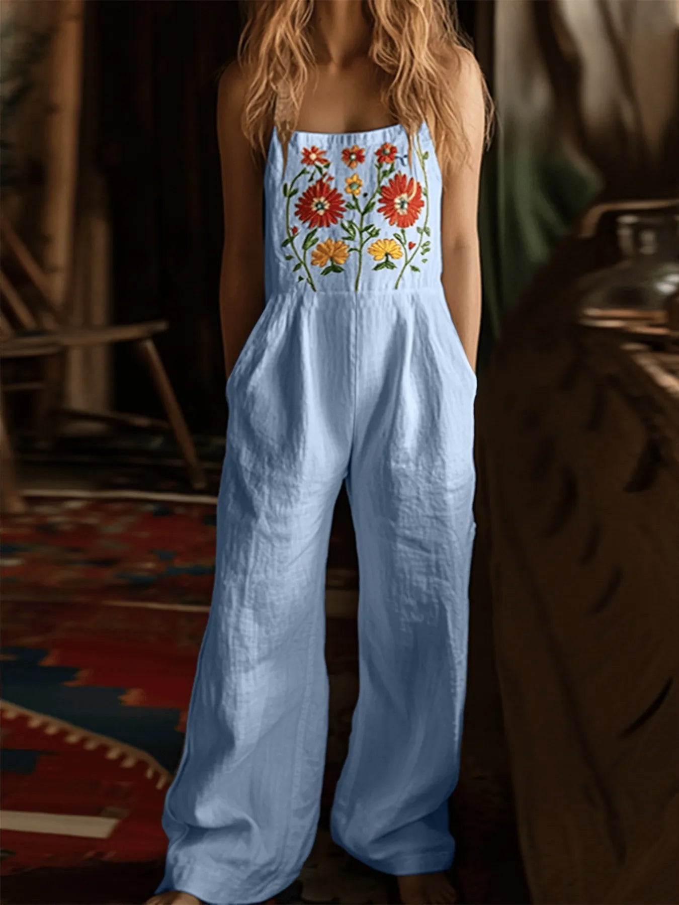 Floral Embroidered Wide Leg Jumpsuit Easy Apparels