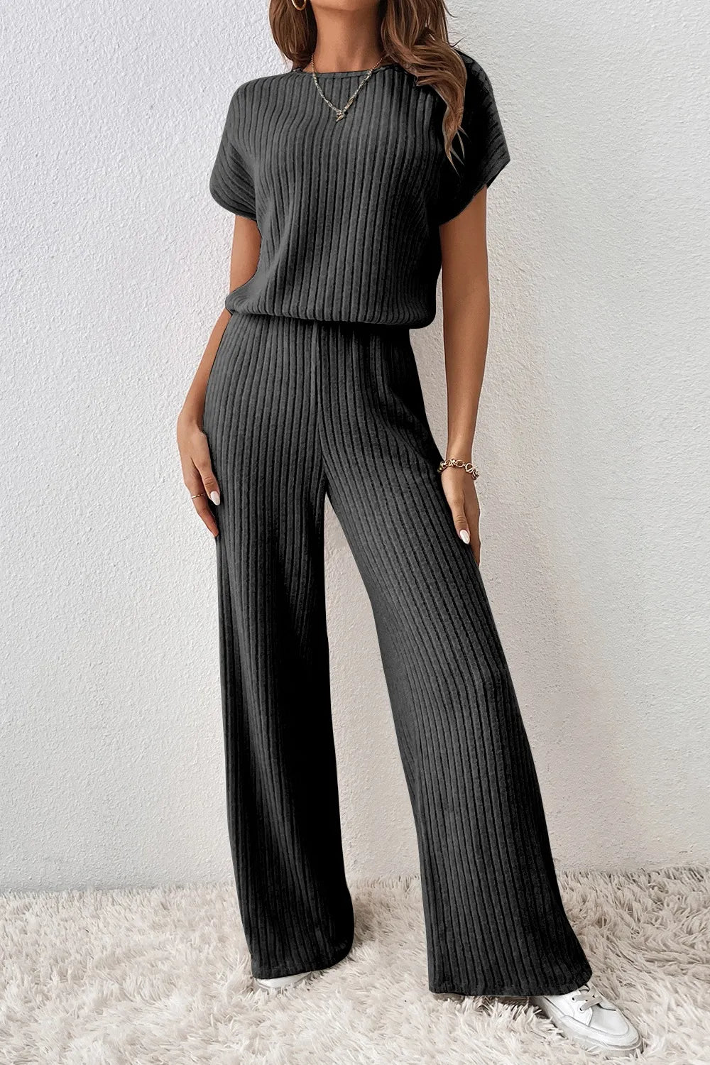 Ribbed Short Sleeve Wide Leg Jumpsuit Easy Apparels