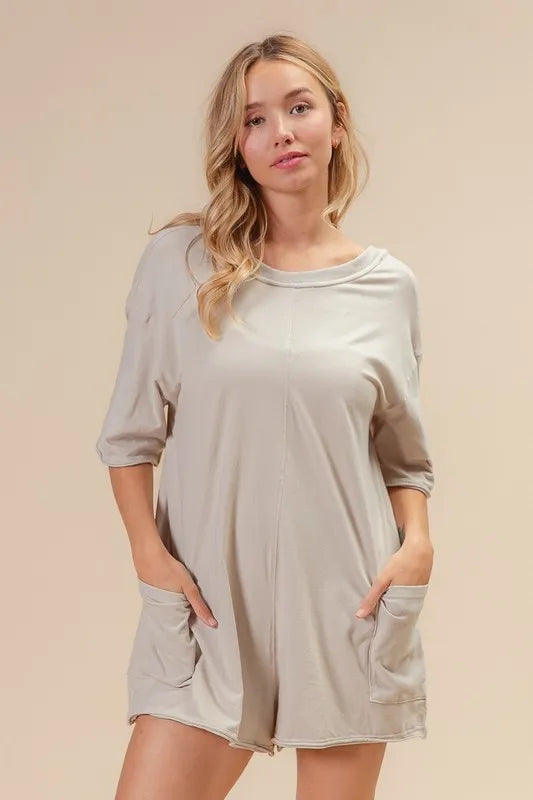 BiBi Short Sleeve Back Open Washed Romper Easy Apparels