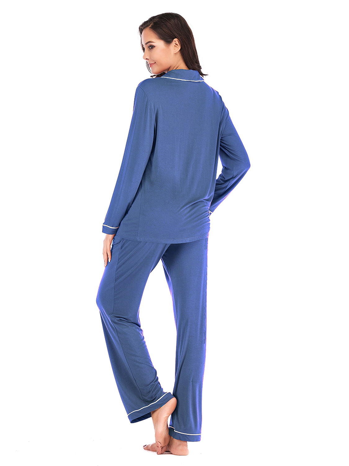 Collared Neck Long Sleeve Loungewear Set with Pockets Easy Apparels
