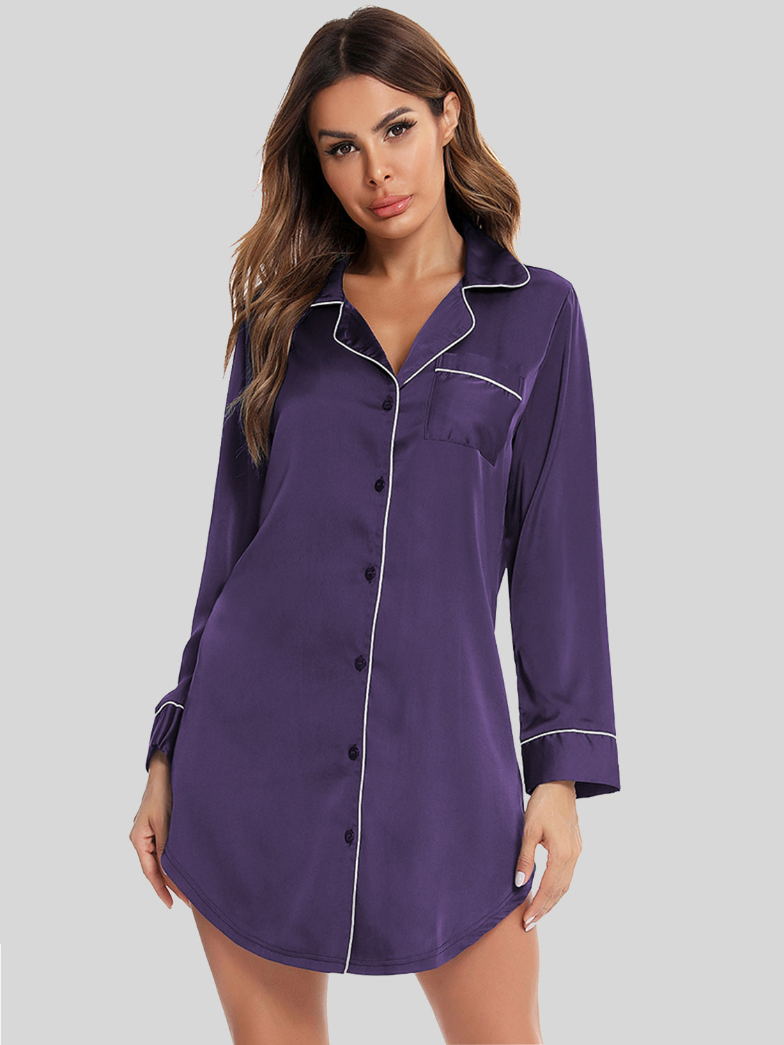Button Up Lapel Collar Night Dress with Pocket Violet Easy Apparels