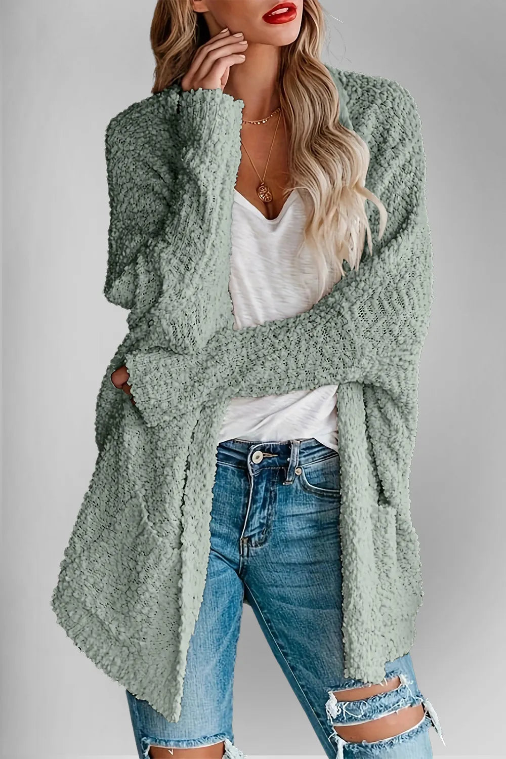 Double Take Pocketed Open Front Long Sleeve Cardigan Gum Leaf Easy Apparels