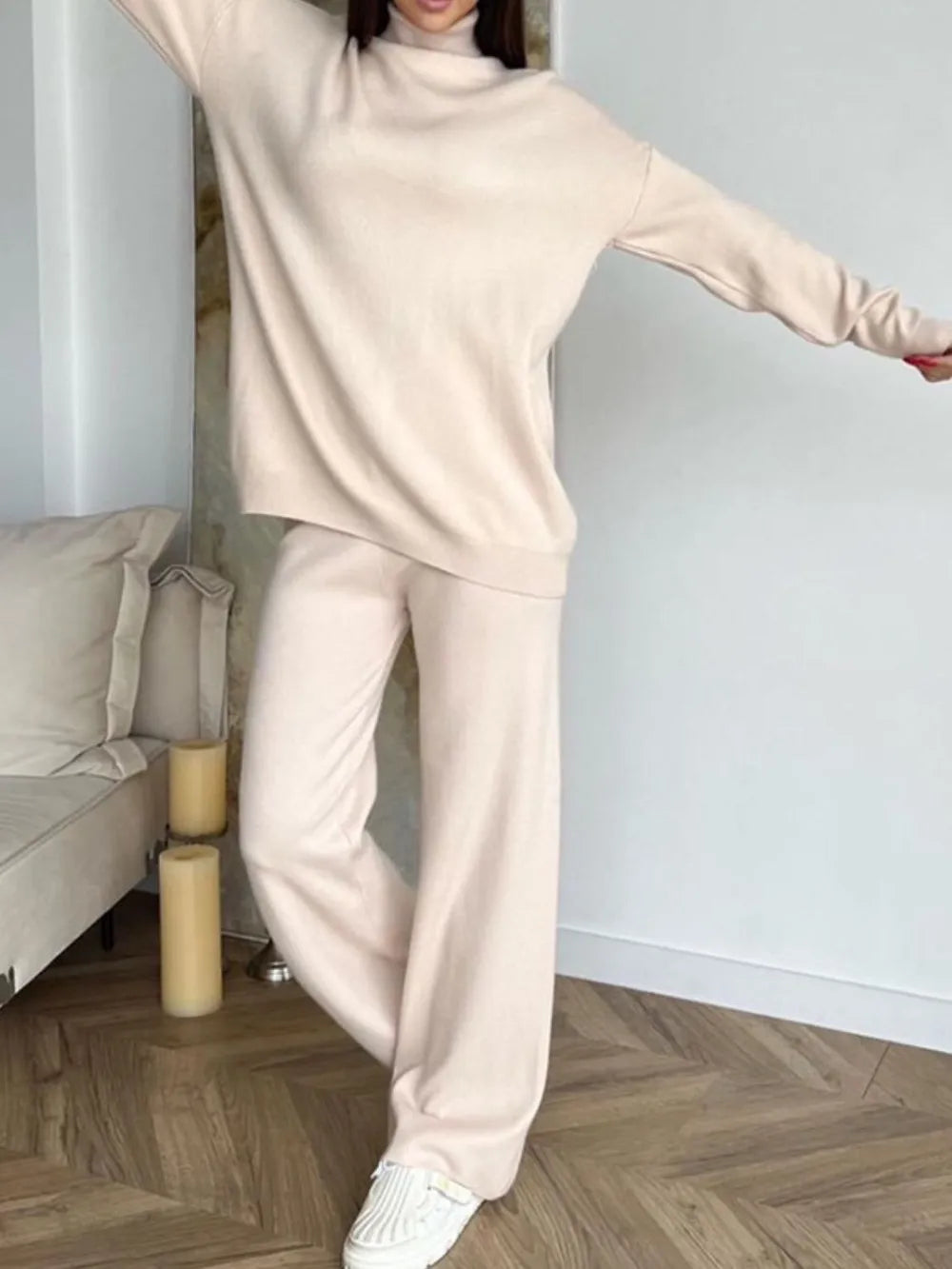 Turtleneck Long Sleeve Top and Drawstring Pants Sweater Set Tan One Size Easy Apparels