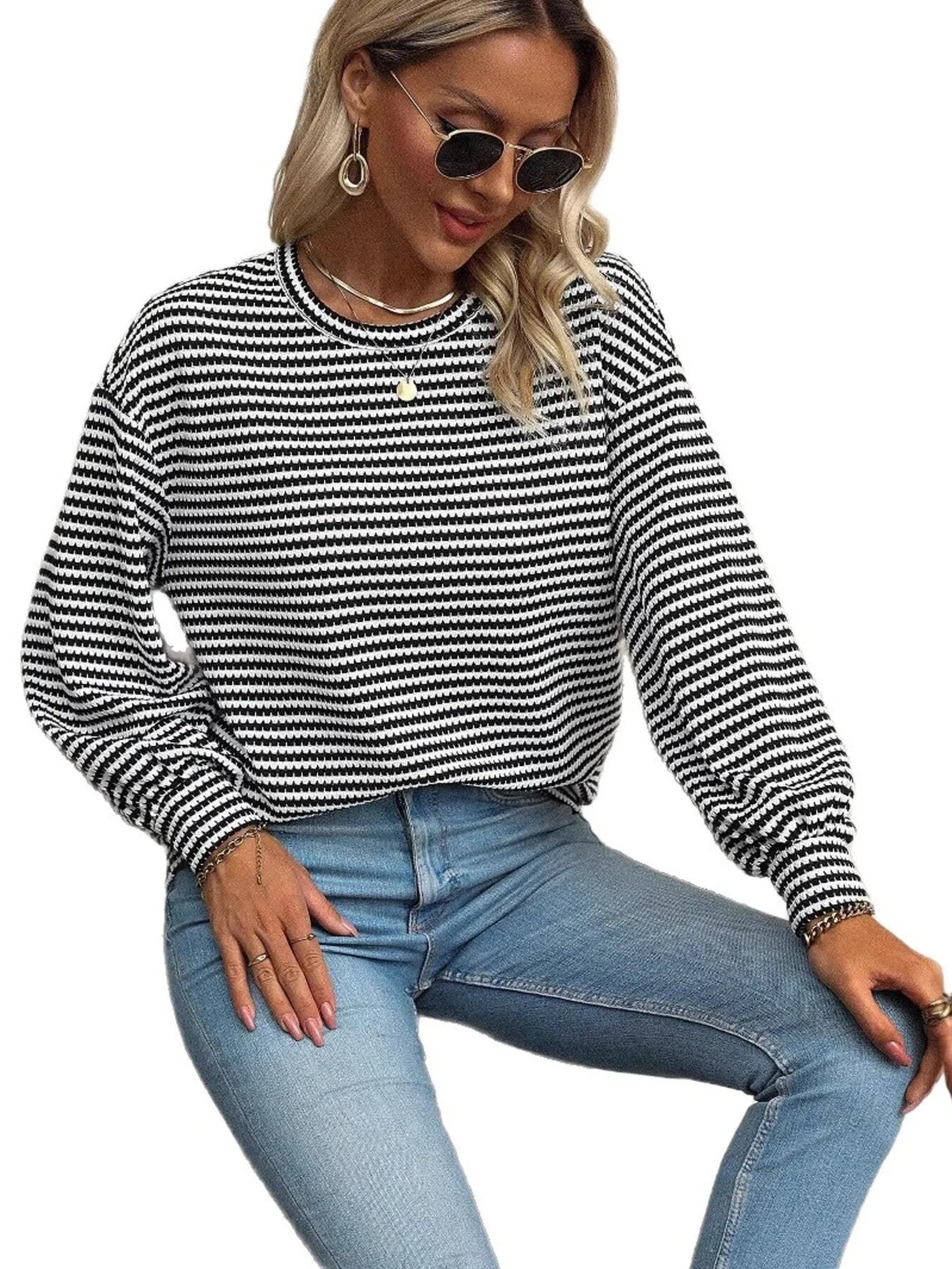 Trendsi Striped Round Neck Lantern Sleeve Top