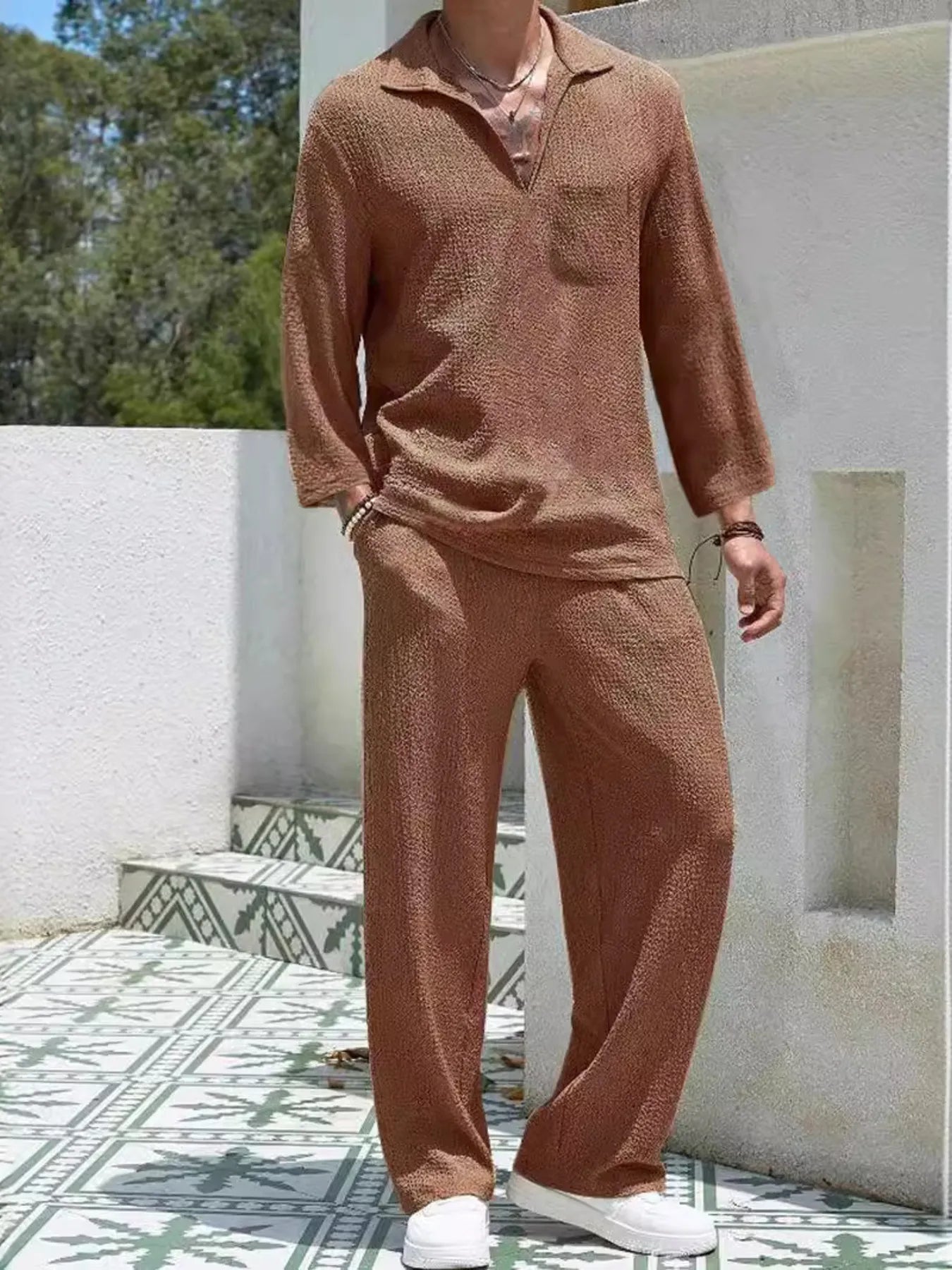 Men's Plus Size Long Sleeve Top and Pants Set Caramel Color Easy Apparels