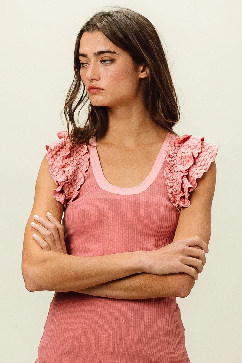 Trendsi BiBi Rib Knit With Textured Ruffled Top