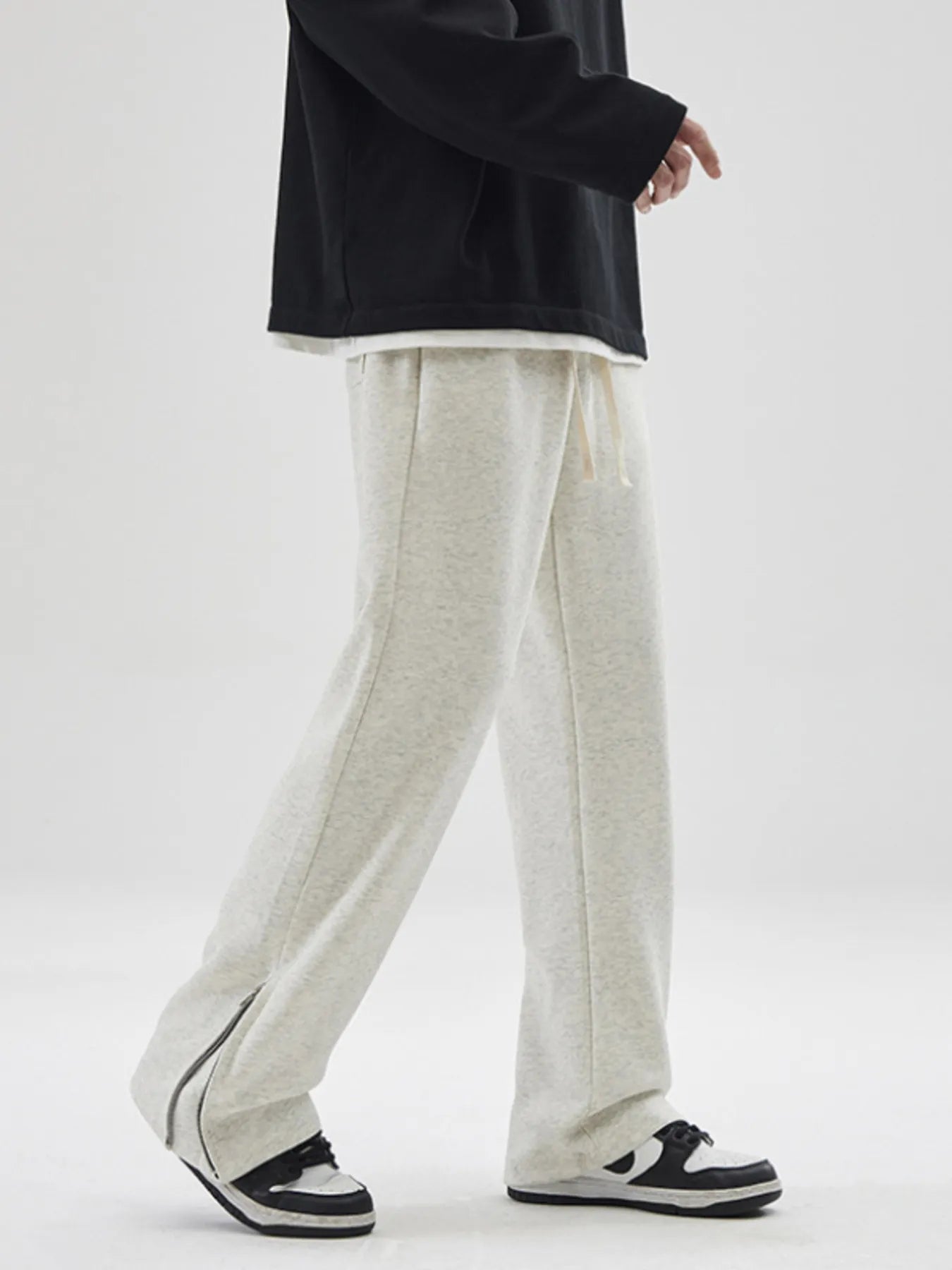 Men's Plus Size Wide Leg Drawstring Pants with Side Zipper Light Gray Easy Apparels