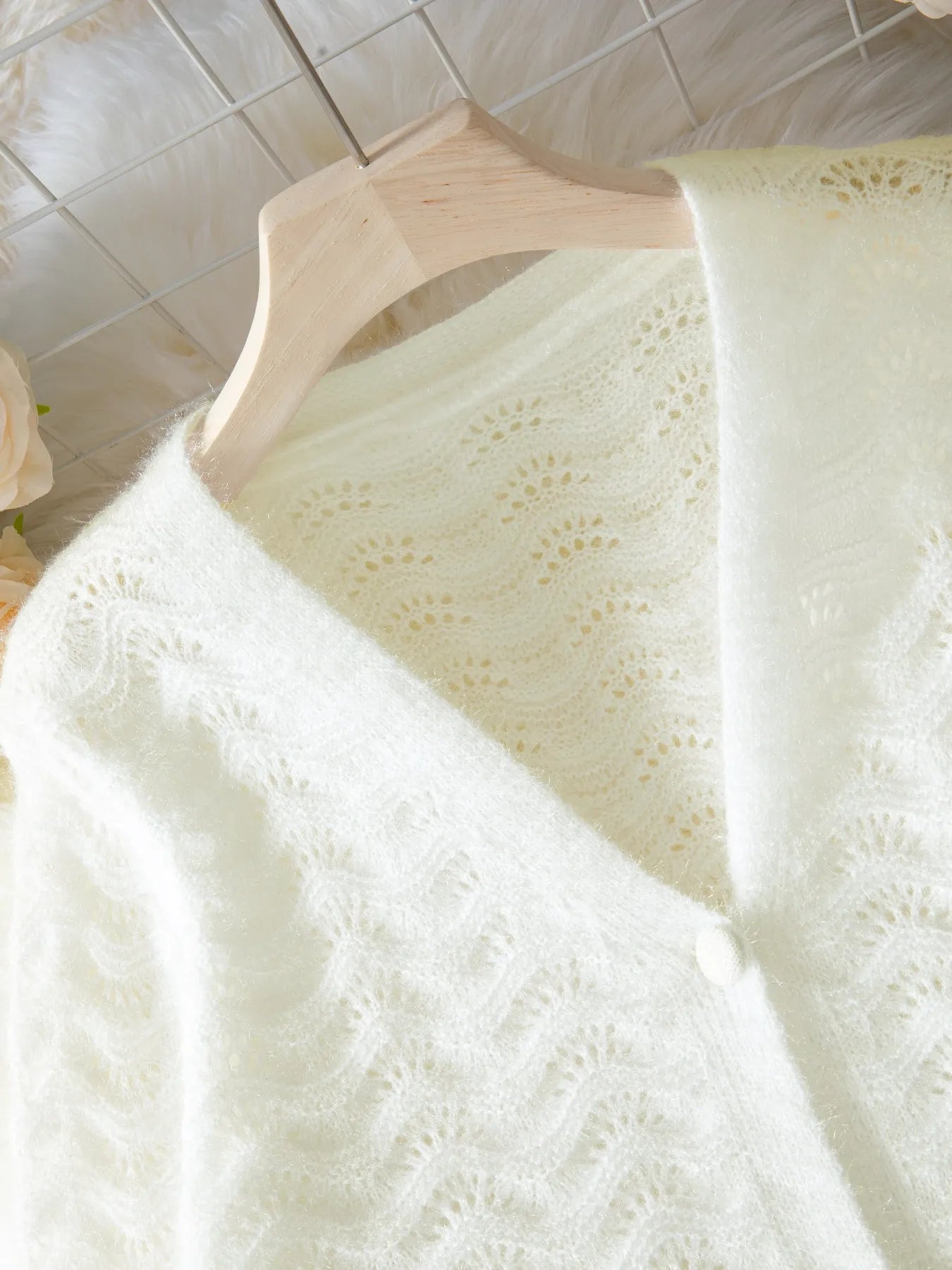 Openwork V-Neck Button Down Cardigan Easy Apparels