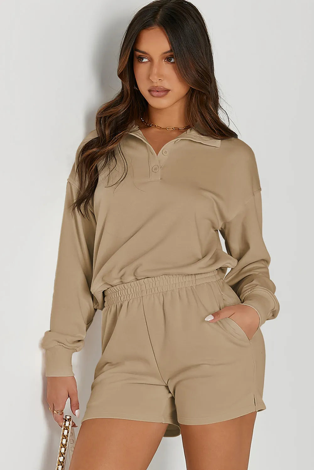 Half Button Sweatshirt and Shorts Active Set Easy Apparels