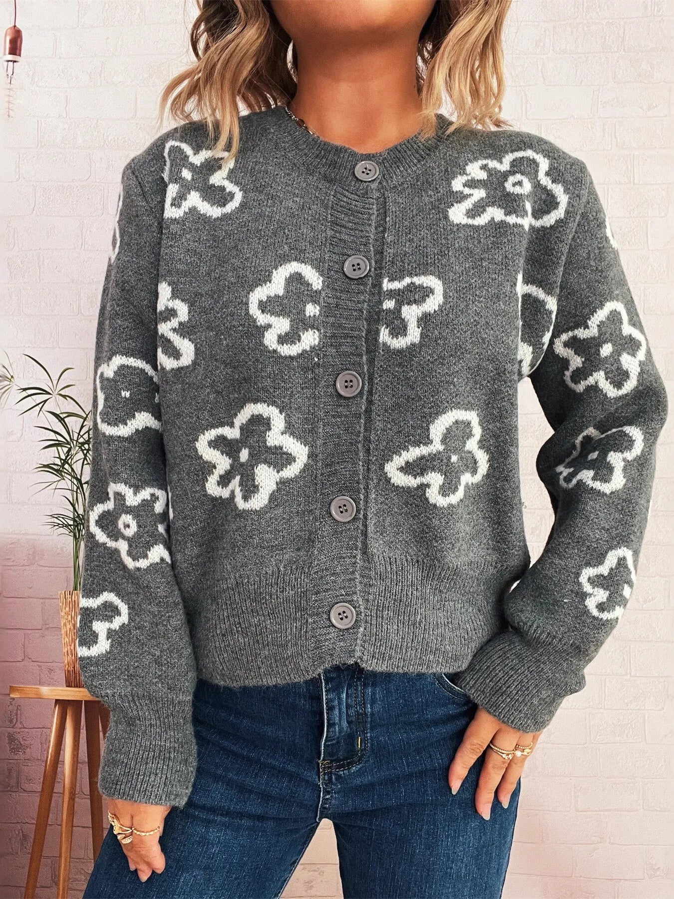 Floral Pattern Button-Up Cardigan Gray One Size Easy Apparels