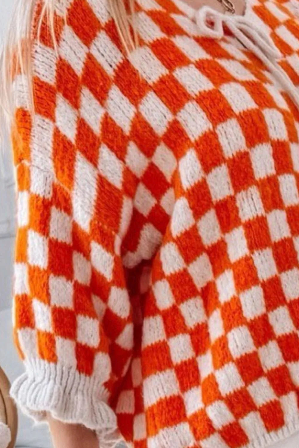 Double Take Tied Checkered Dropped Shoulder Flounce Sleeve Cardigan Easy Apparels