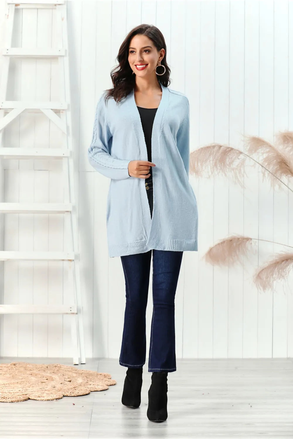 Cable-Knit Open Front Long Sleeve Cardigan Easy Apparels