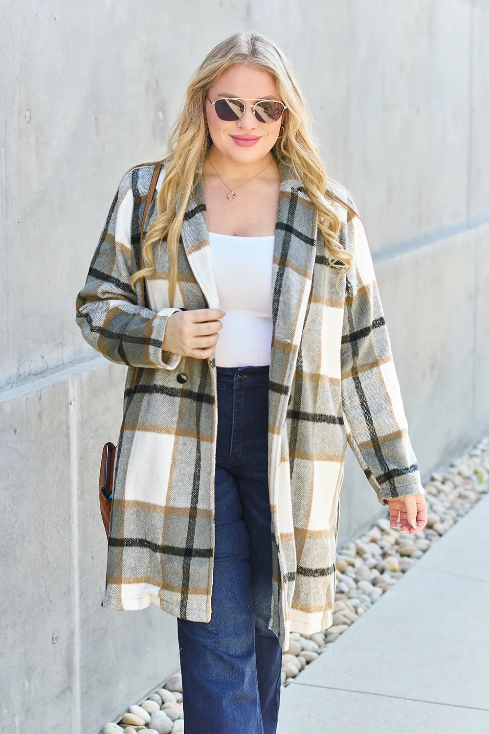 Double Take Full Size Plaid Button Up Lapel Collar Coat Easy Apparels