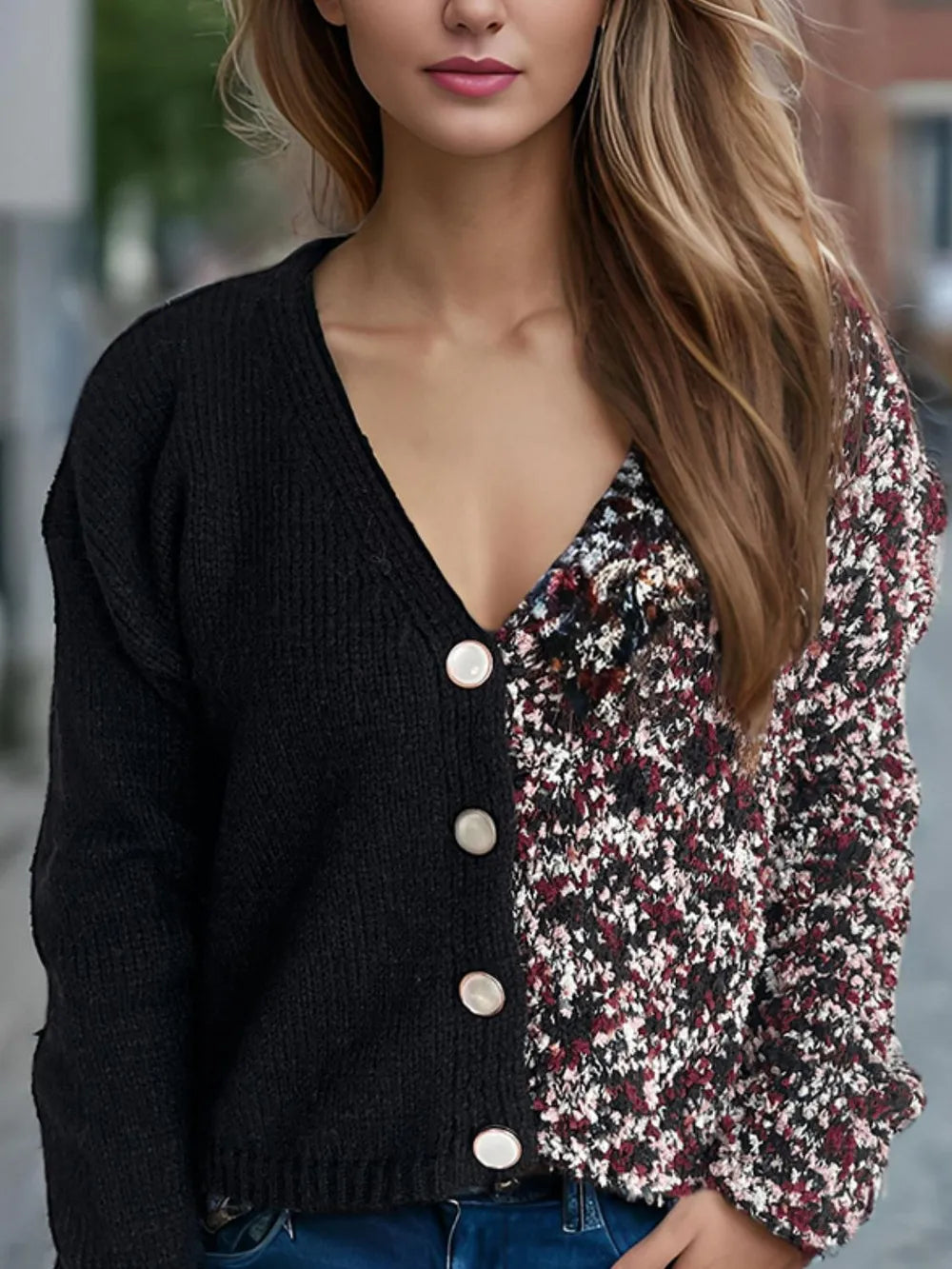 Contrast Button Up V-Neck Cropped Cardigan Easy Apparels