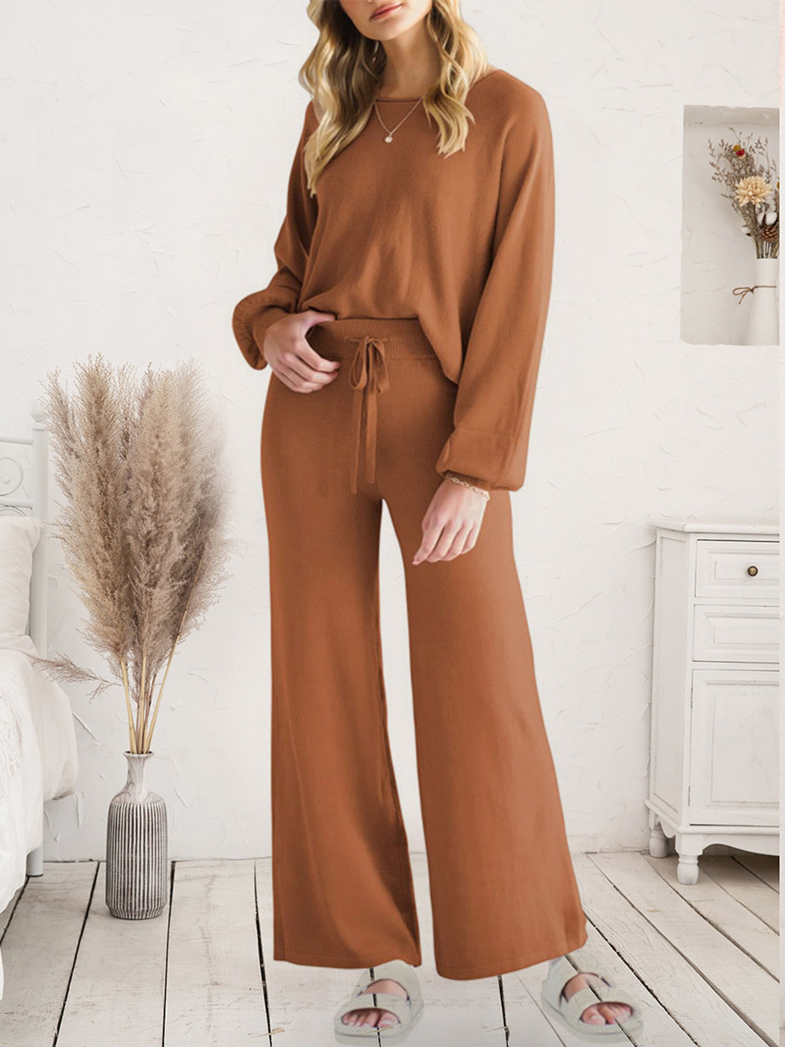 Long Sleeve Lounge Top and Drawstring Pants Set Caramel Easy Apparels