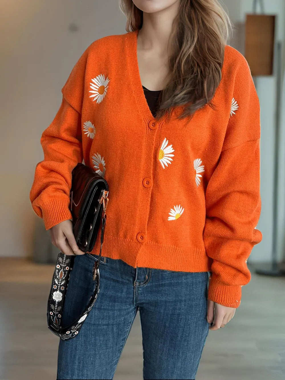 Daisy Button Up V-Neck Cardigan Easy Apparels
