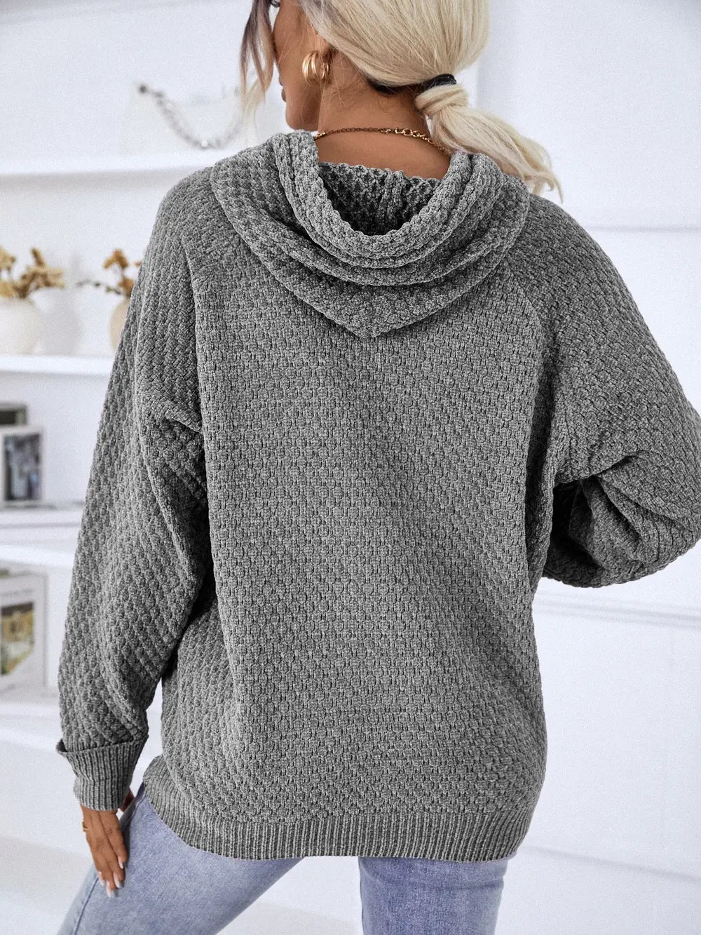 Texture Drawstring Long Sleeve Hooded Sweater Easy Apparels