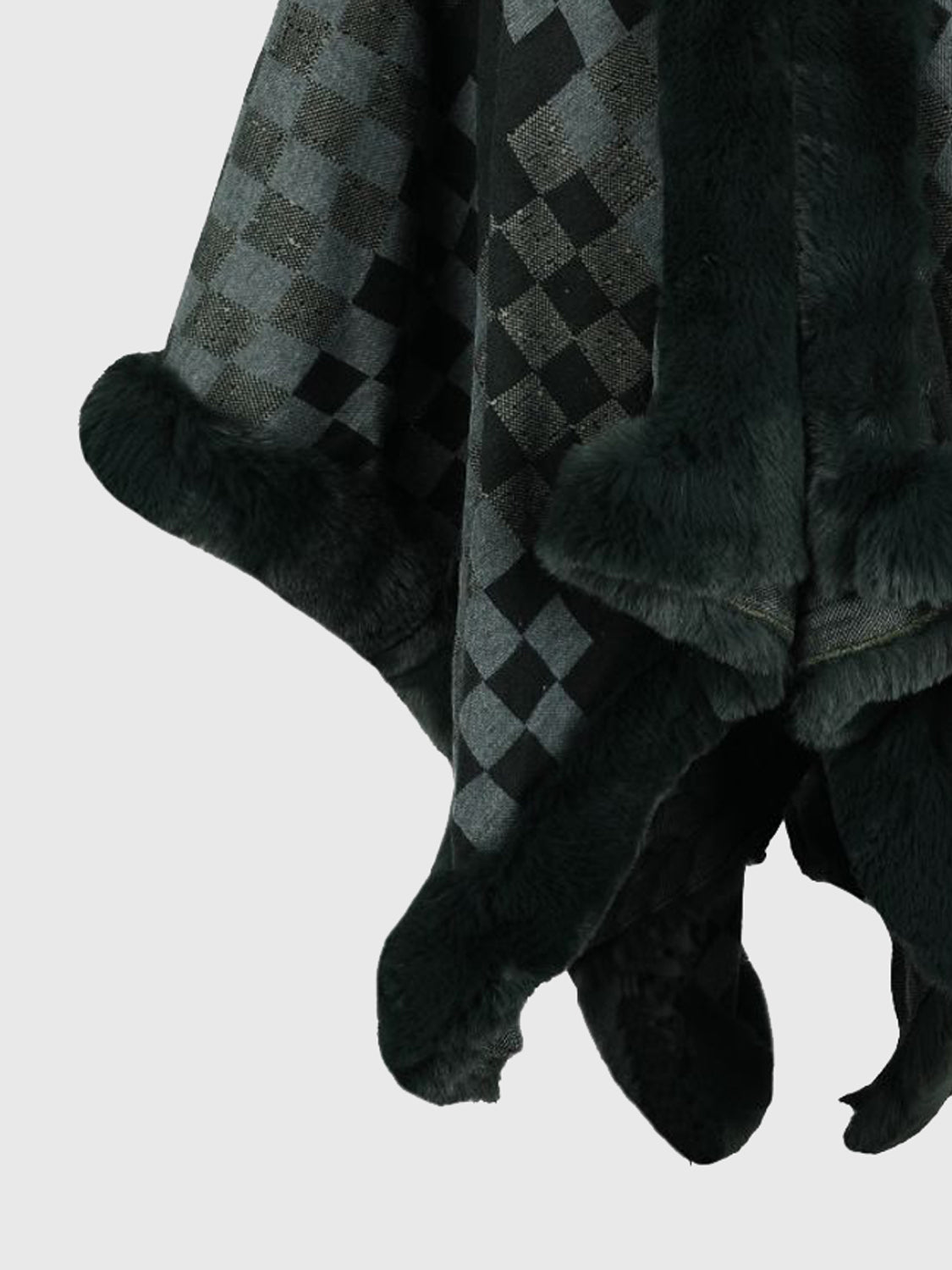 Checkered Faux Fur Trim Poncho Easy Apparels