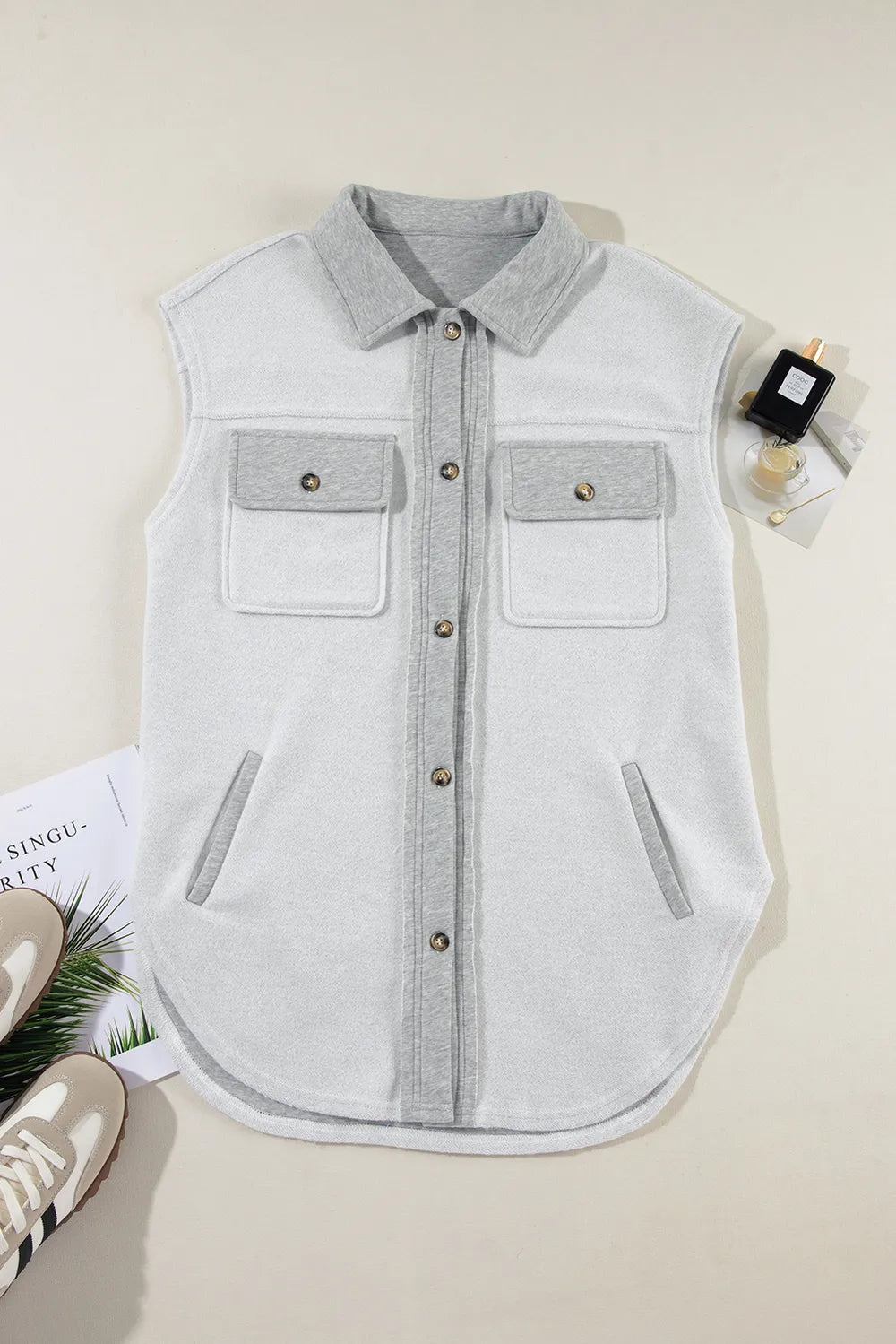 Pocketed Curved Hem Button Up Vest Easy Apparels