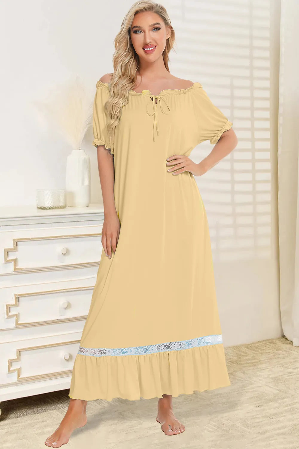 Lace Detail Short Sleeve Lounge Dress Light Yellow Easy Apparels