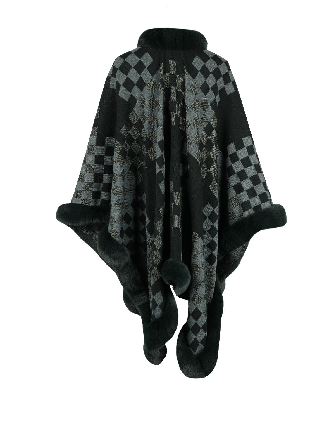 Checkered Faux Fur Trim Poncho Easy Apparels