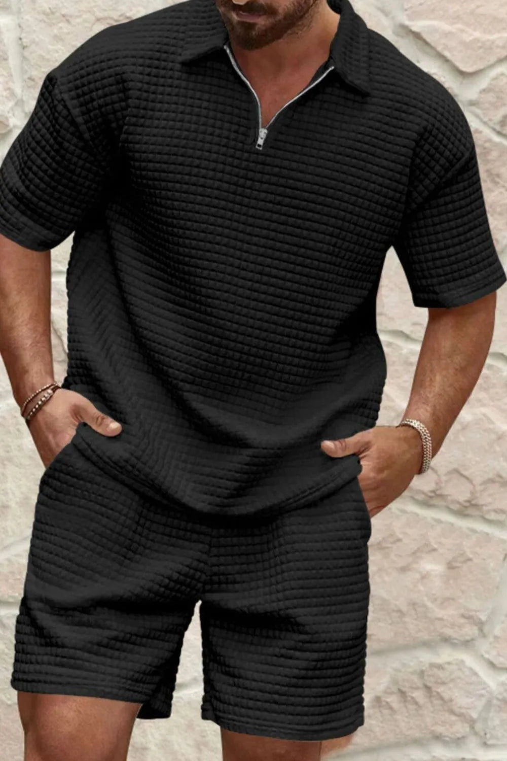 Men's Full Size Zip Collar Short Sleeve Top and Shorts Set Plus Size Black Easy Apparels