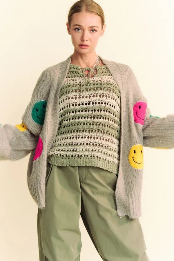 Davi & Dani Fuzzy Smile Open Front Long Sleeve Cardigan Easy Apparels
