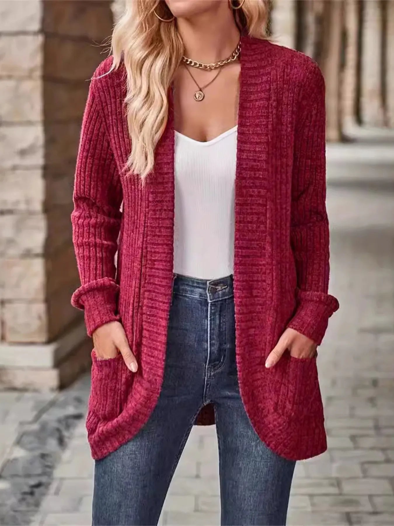 Ribbed Open Front Long Cardigan with Pockets Burgundy Easy Apparels