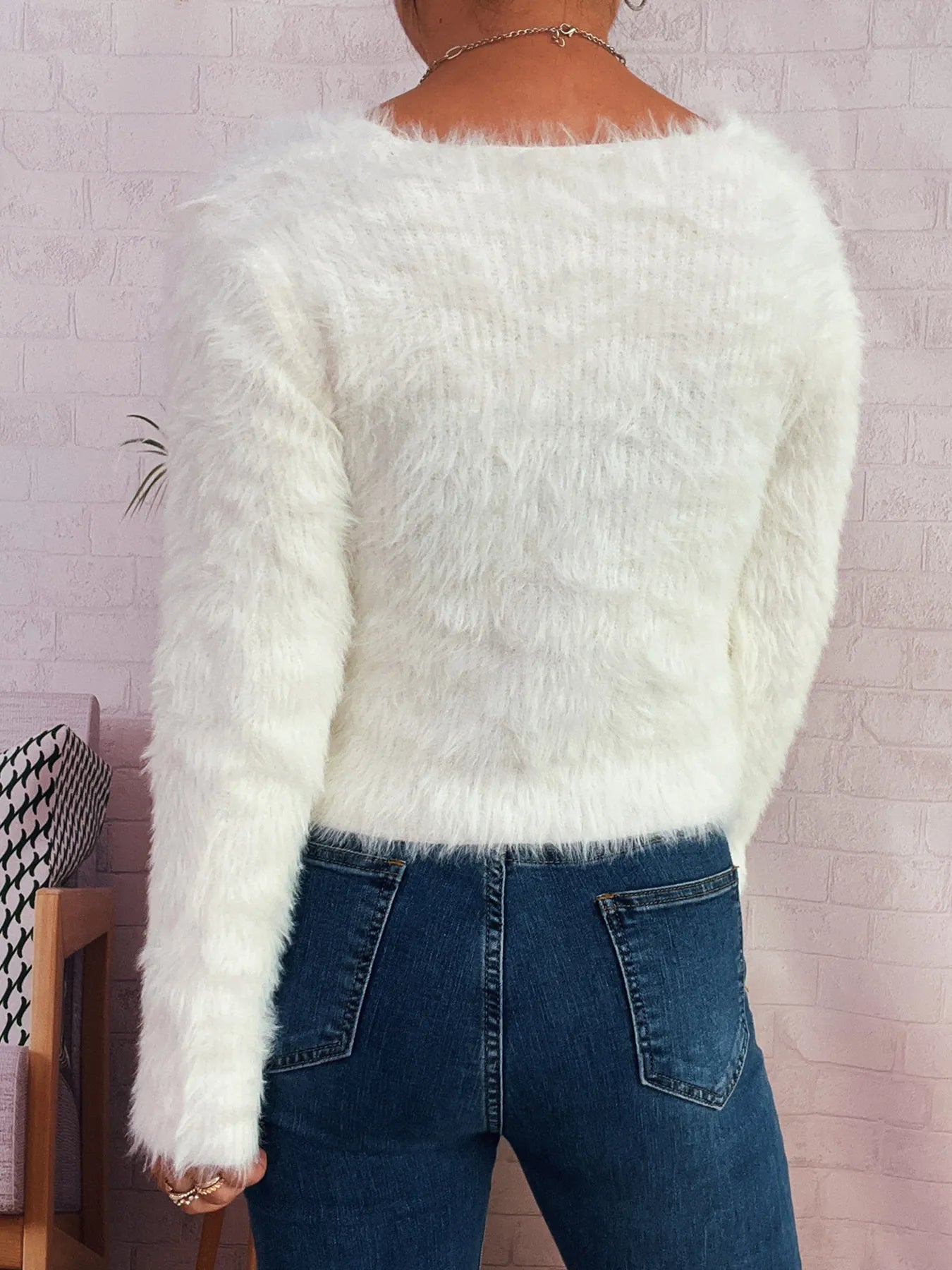 Fuzzy Heart Shape Button-Up Cardigan Easy Apparels