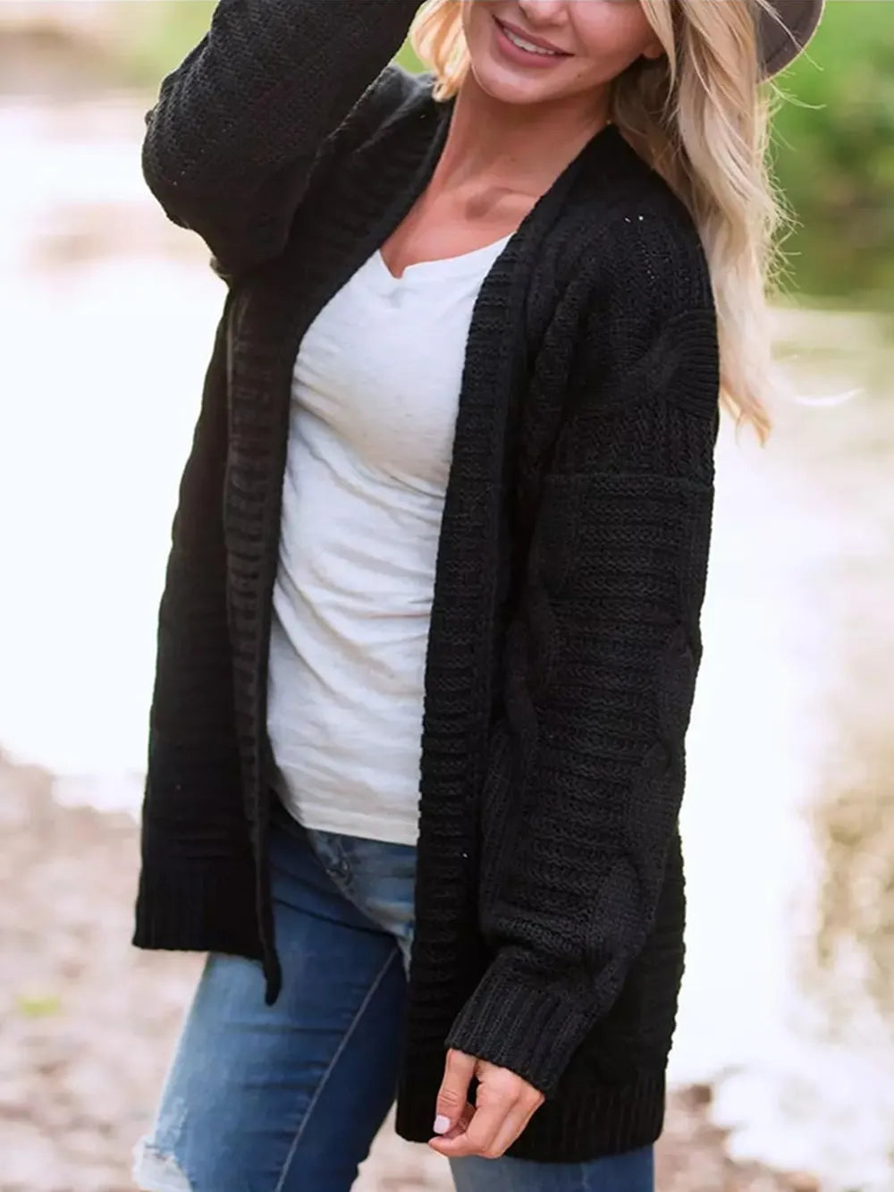 Cable-Knit Open Front Long Sleeve Cardigan Easy Apparels
