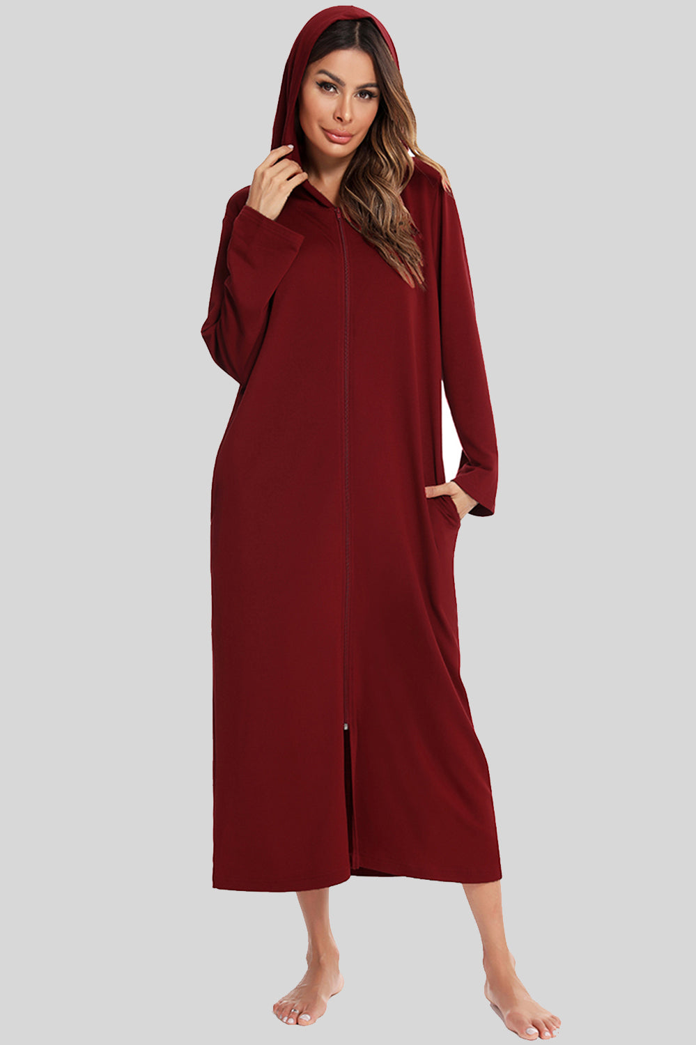 Zip Front Hooded Night Dress with Pockets Wine Easy Apparels