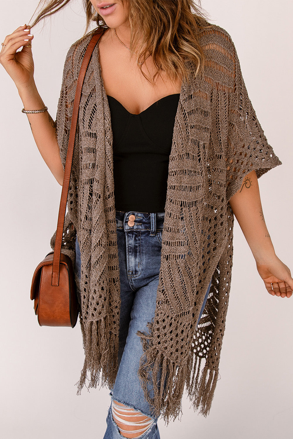 Fringe Hem Slit Open Front Cardigan Easy Apparels