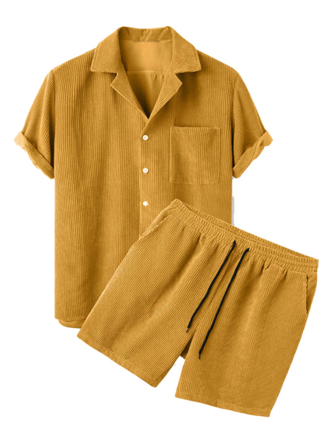 Men's Full Size Classic Textured Top and Shorts Set Plus Size Yellow Easy Apparels