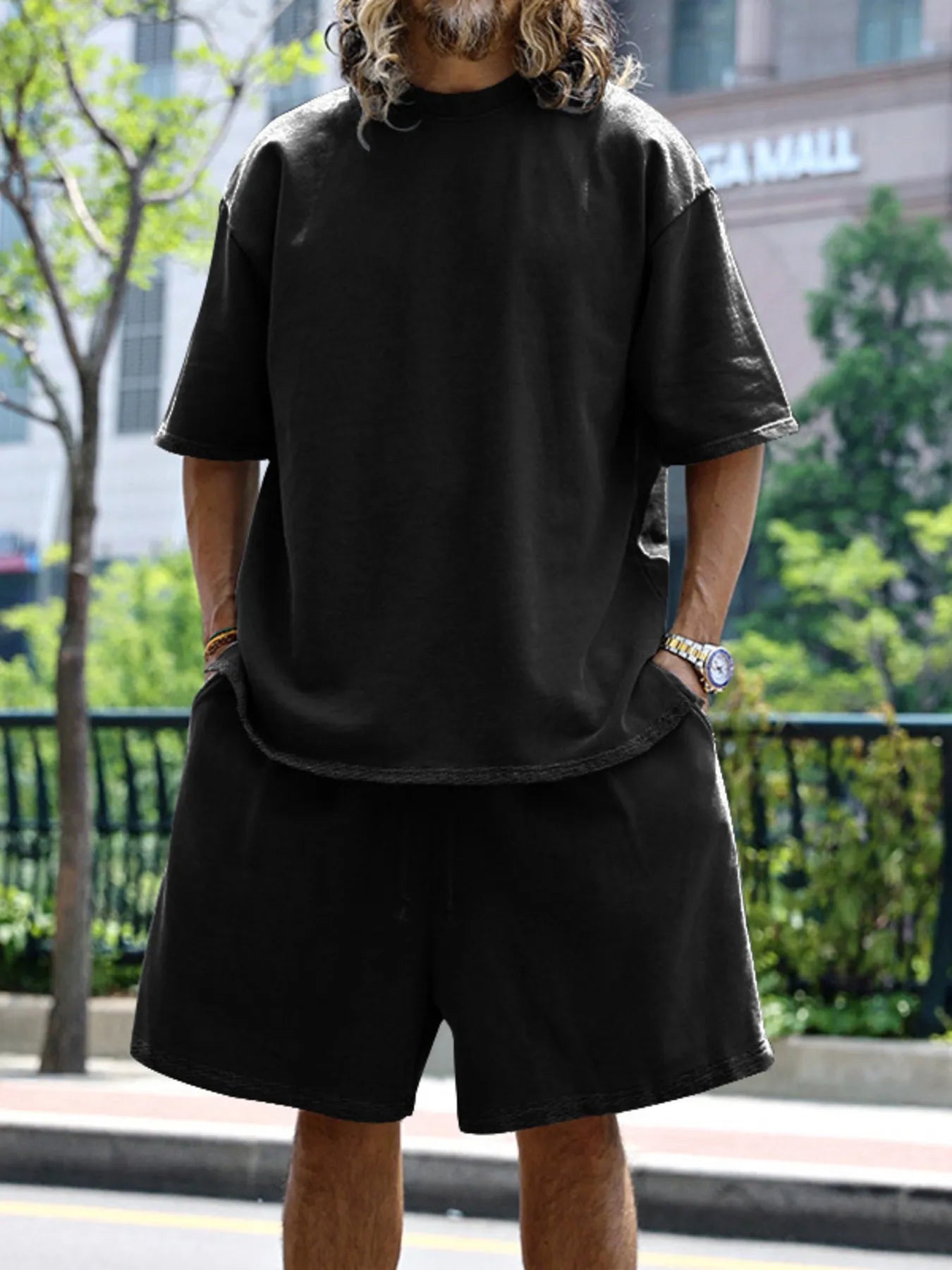 Men's Full Size Round Neck Short Sleeve Top and Shorts Set Plus Size Black Easy Apparels