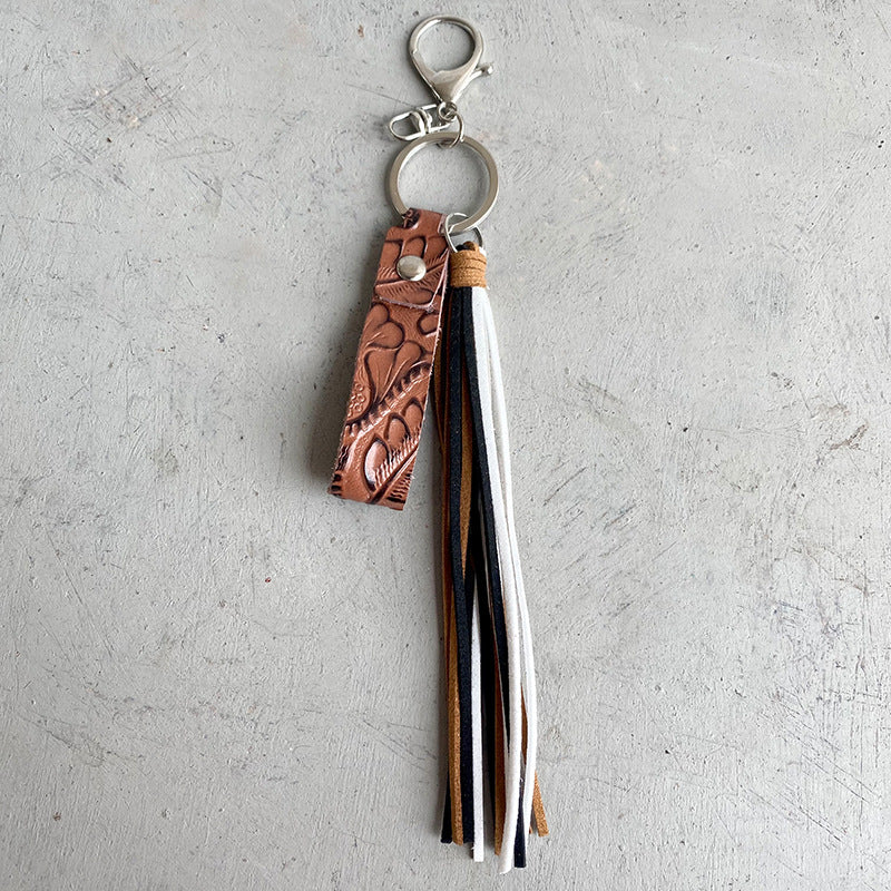Genuine Leather Tassel Keychain Brown One Size Easy Apparels