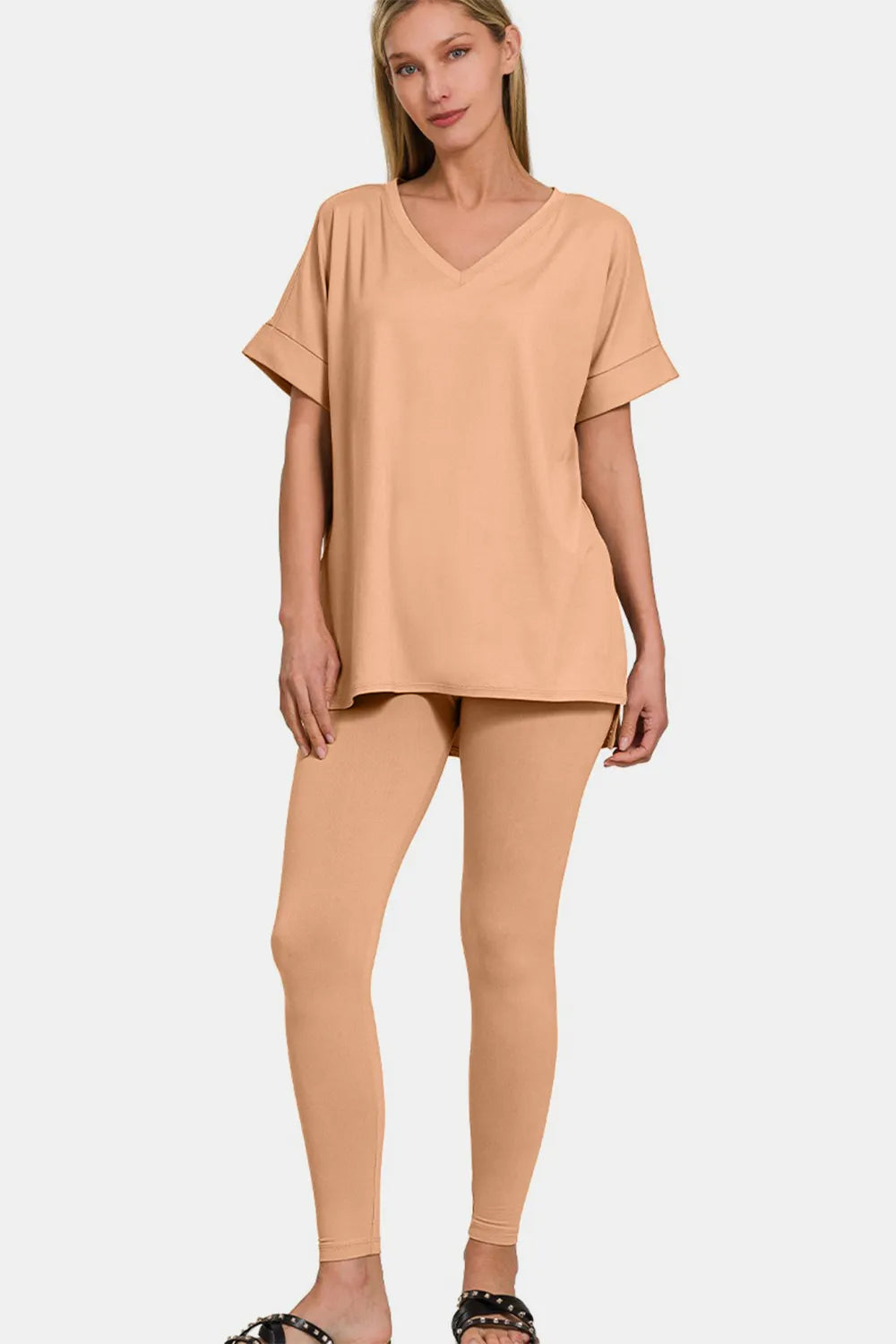 Zenana Full Size V-Neck Rolled Short Sleeve T-Shirt and Leggings Lounge Set Easy Apparels
