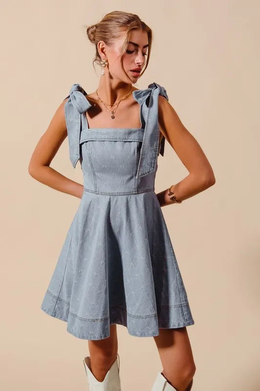 SO ME A Line Fit and Flare Diamond Bow Ribbon Denim Dres Easy Apparels