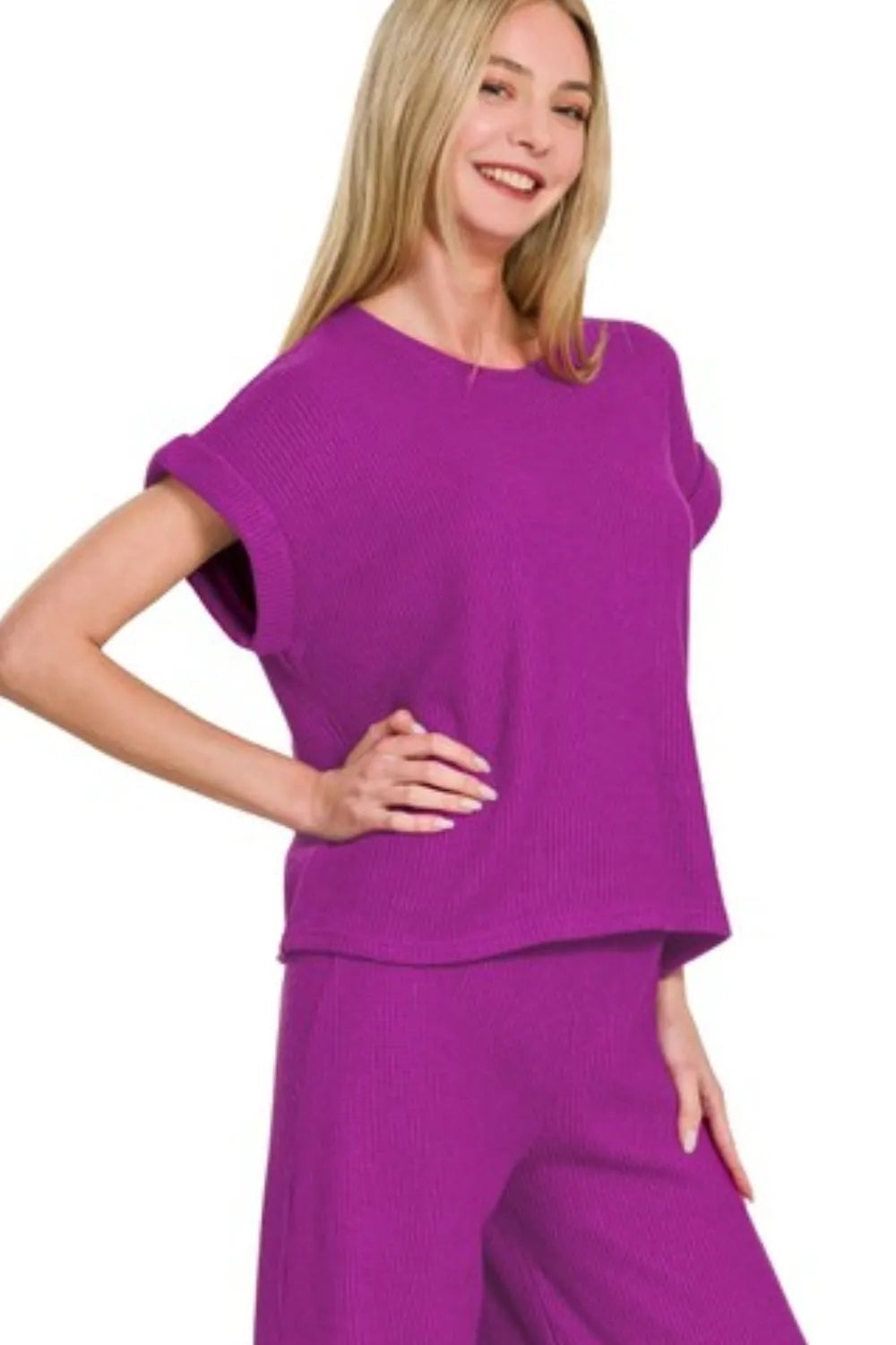Zenana Rolled Sleeve Top and Pants Sweater Set Easy Apparels