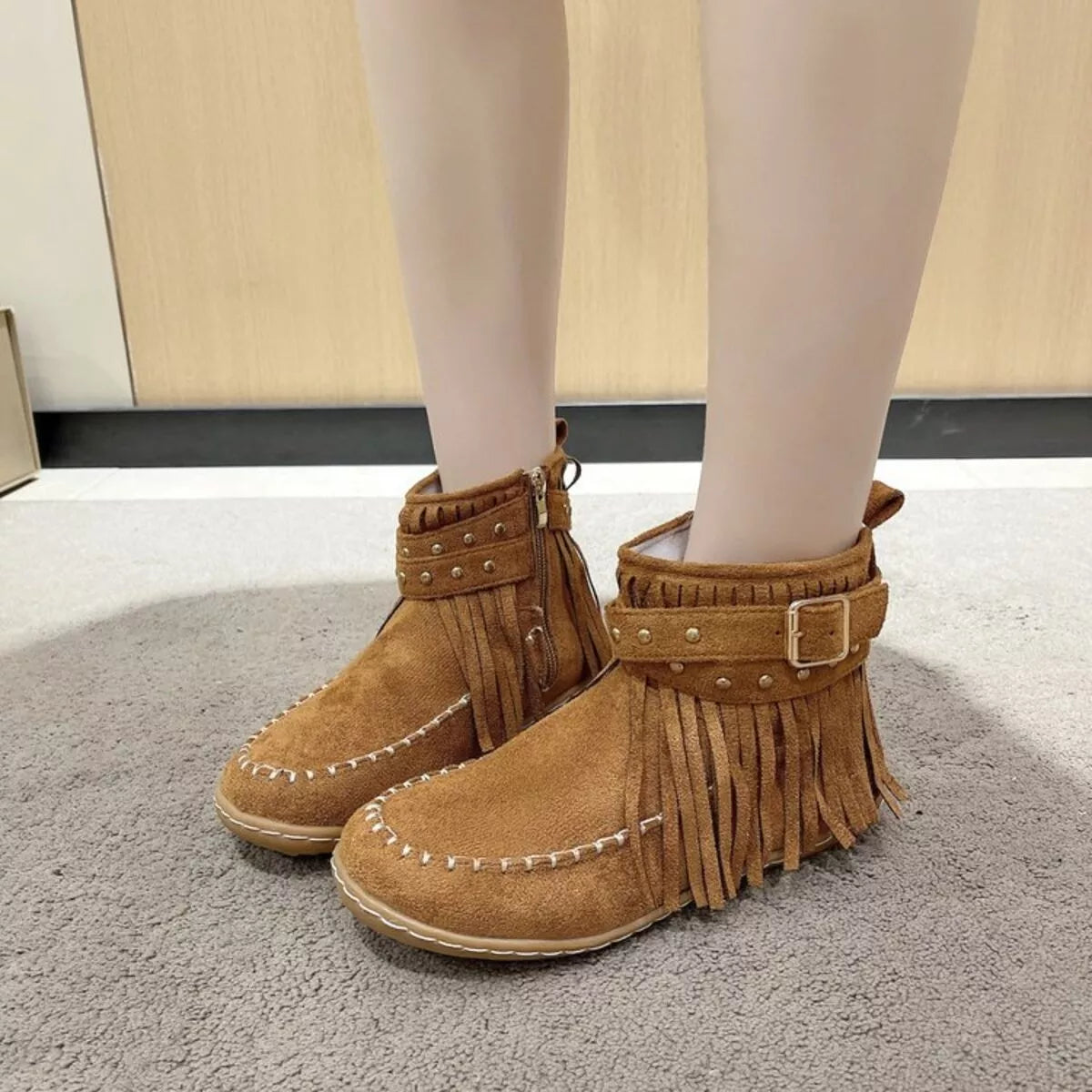 Fringe Round Toe Boots Brown Easy Apparels