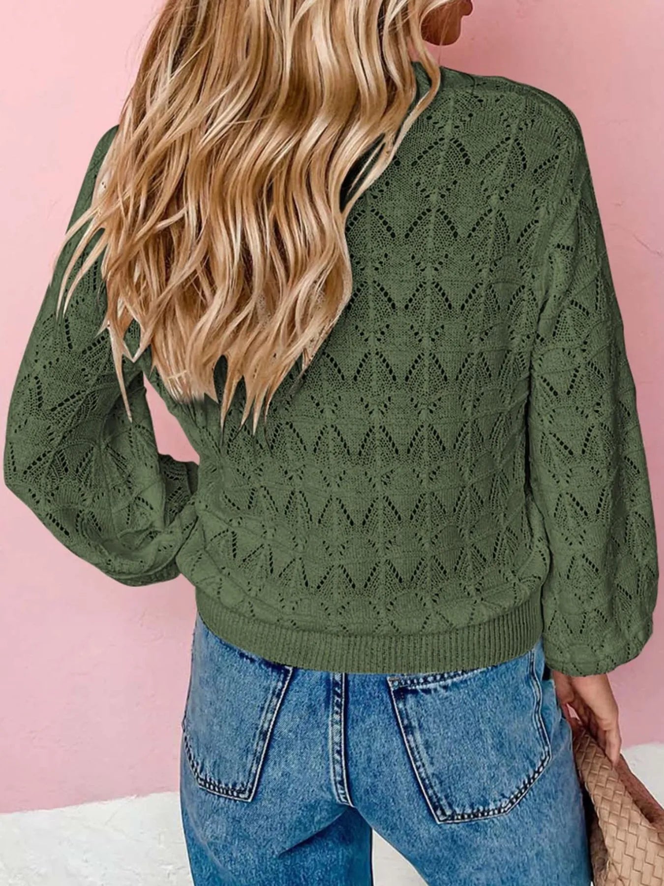 Openwork Button Up Cardigan Green Easy Apparels