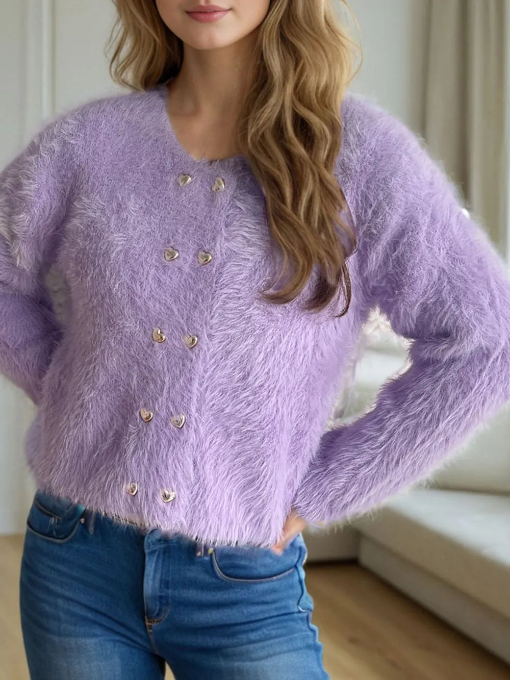 Heart Button Round Neck Cardigan Easy Apparels