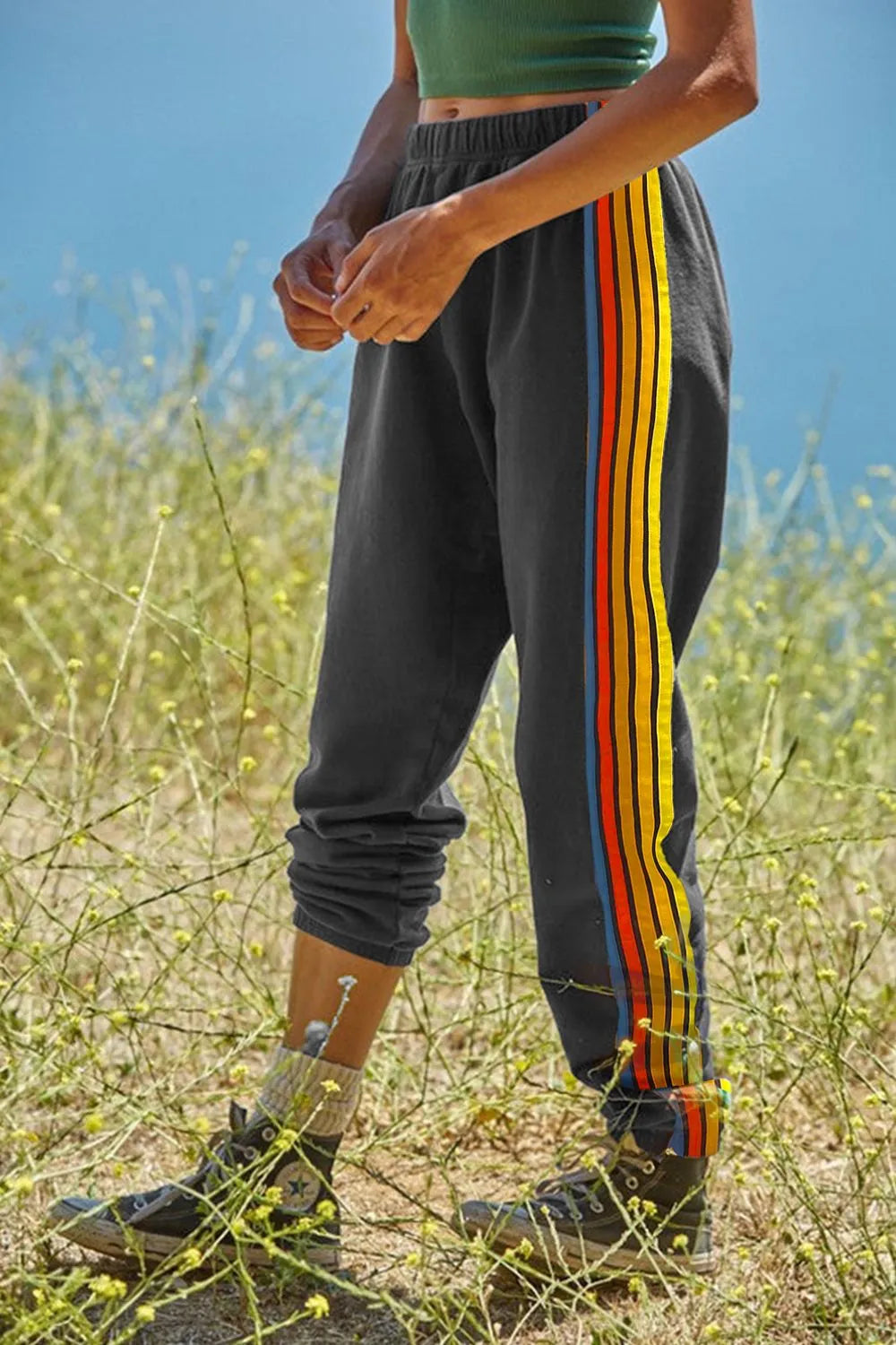 Contrast Striped Elastic Waist Active Pants Gray Easy Apparels